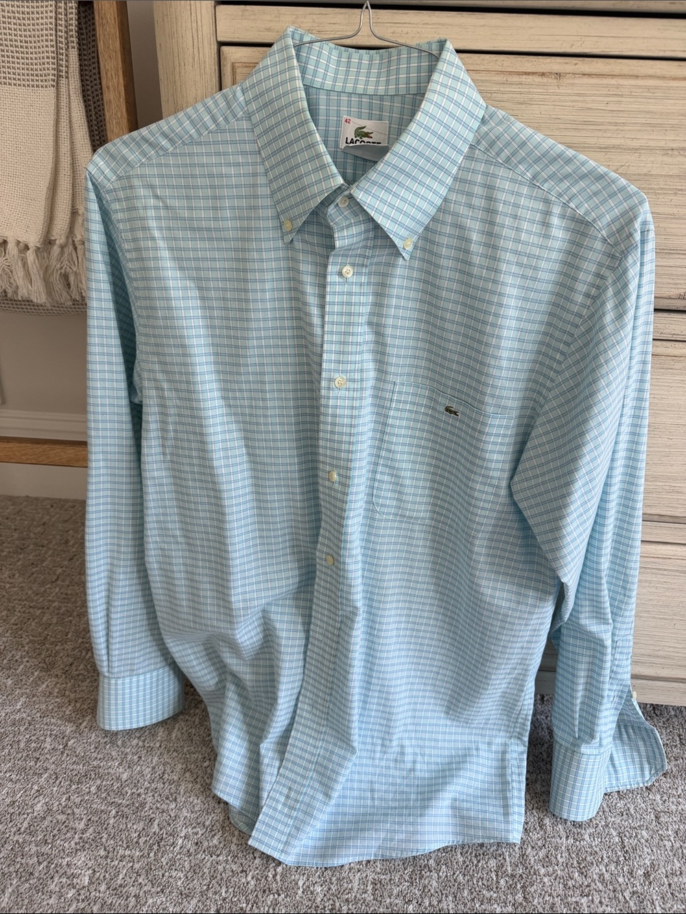 Lacoste Men's Light Blue & White Checked Button-Up Dress Shirt